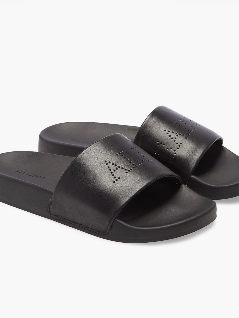 All Saints Black Perforated Logo Leather Slide Sandals